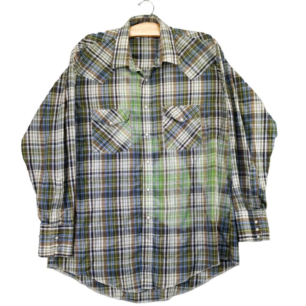 Western Frontier Pearl Snap Shirt Men's Large Long Sleeve Green Plaid Poly Blend